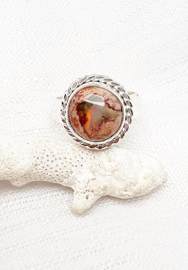 Mexican Fire Opal Round Ring Size 9