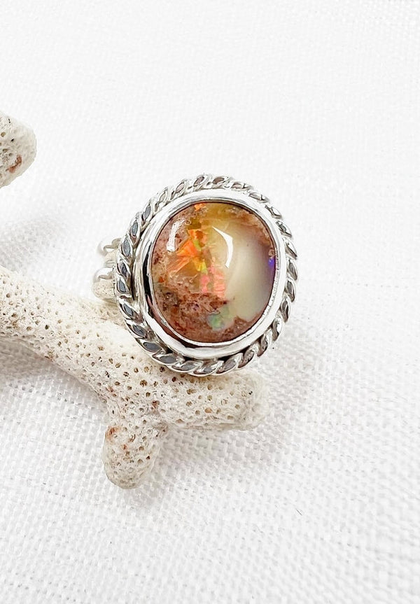 Round Fire Opal Ring Size 5.5