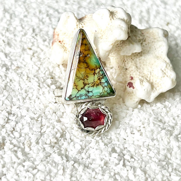 Turquoise Triangle and Tourmaline Ring Size 6.5